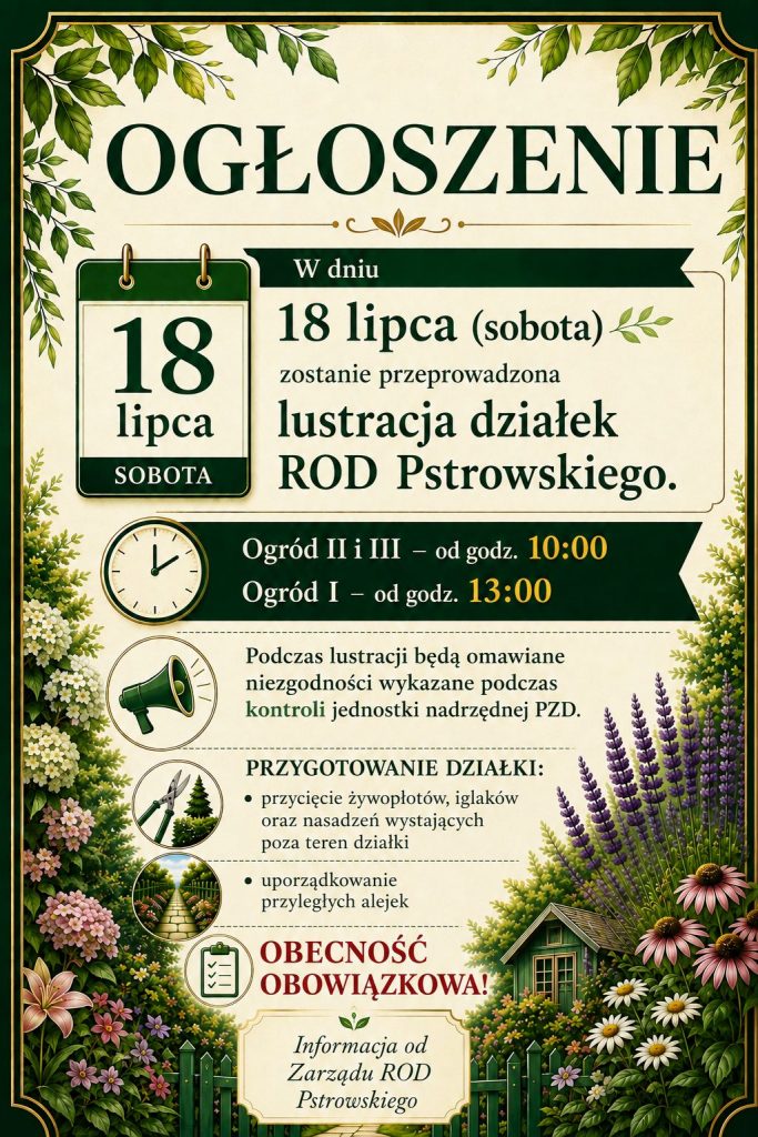 Obowiązkowa lustracja działek ROD Pstrowskiego (18 lipca)